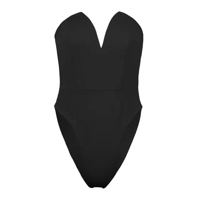 Solid V Neck  Strapless Bodysuit