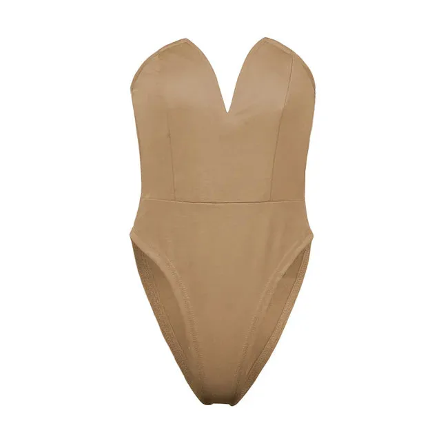 Solid V Neck  Strapless Bodysuit