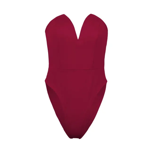 Solid V Neck  Strapless Bodysuit