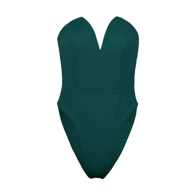 Solid V Neck  Strapless Bodysuit