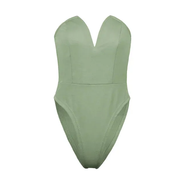 Solid V Neck  Strapless Bodysuit