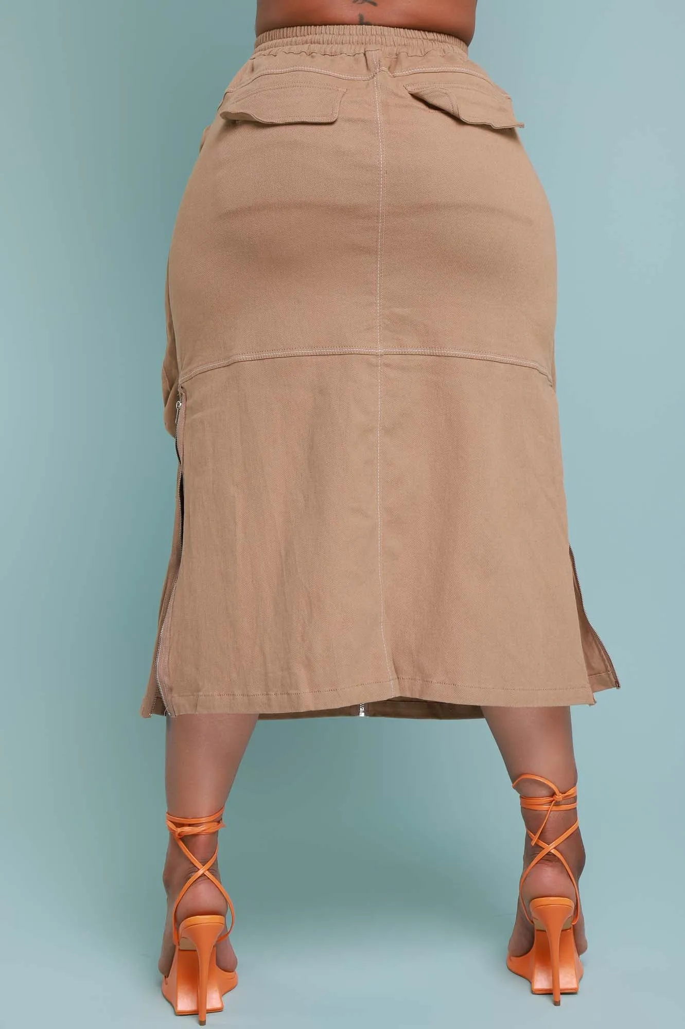 Square One Cargo Full Zip Midi Skirt - Khaki