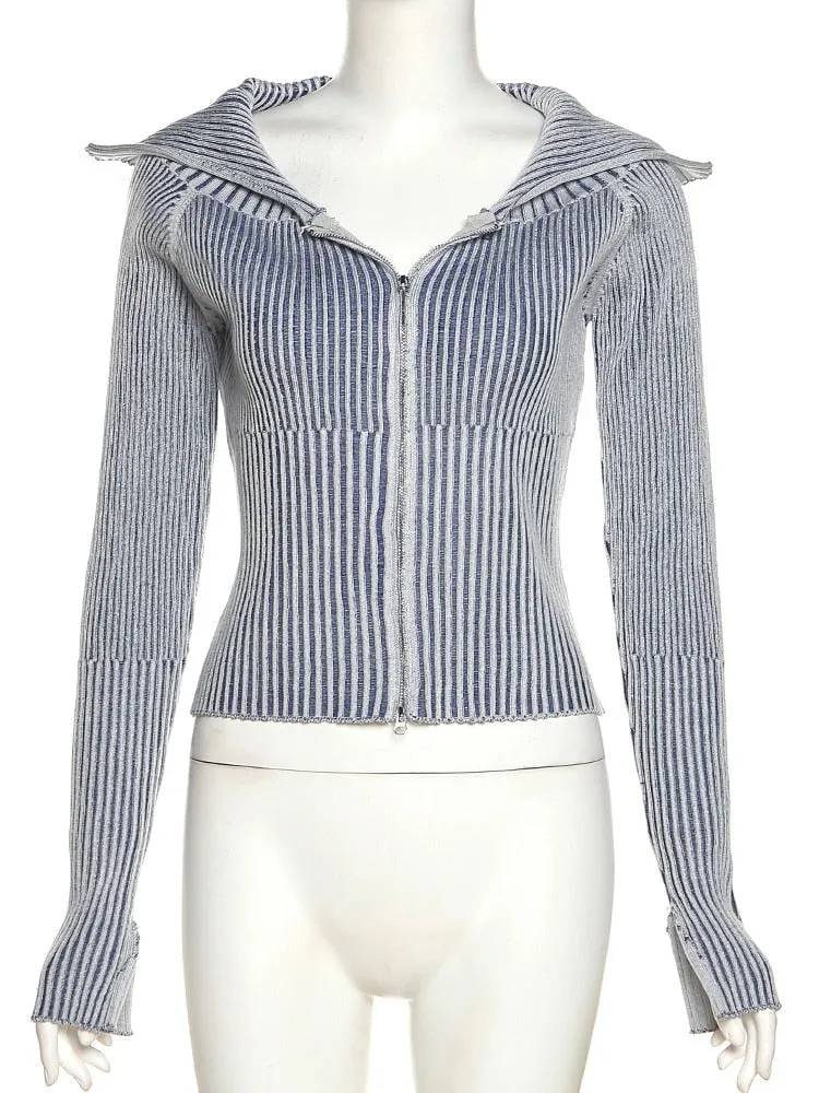 Striped Blue Stylish Zipper Cropped Jacket