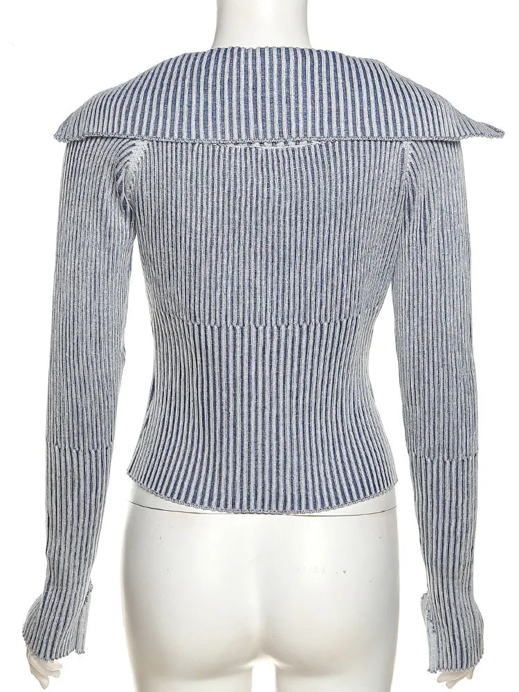 Striped Blue Stylish Zipper Cropped Jacket