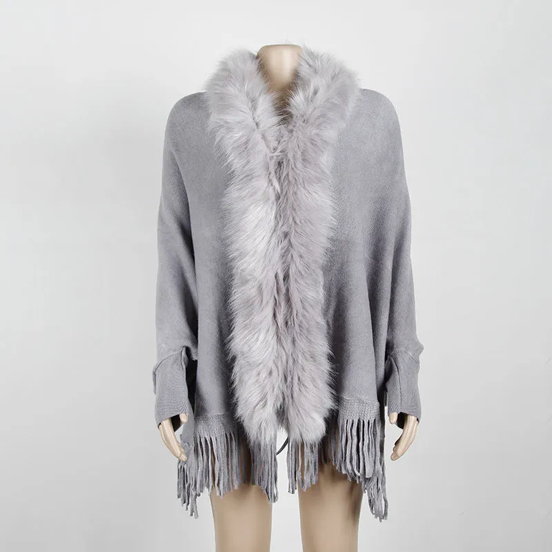 Tassel Cape and Shawl Fur Collar Cardigan