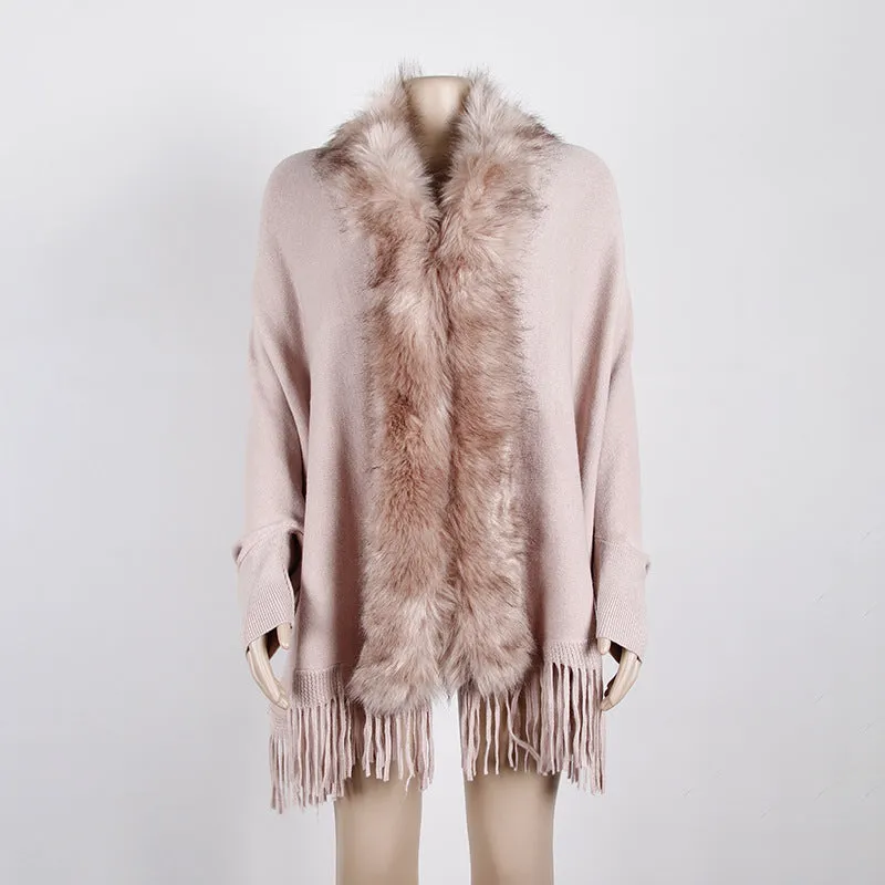 Tassel Cape and Shawl Fur Collar Cardigan