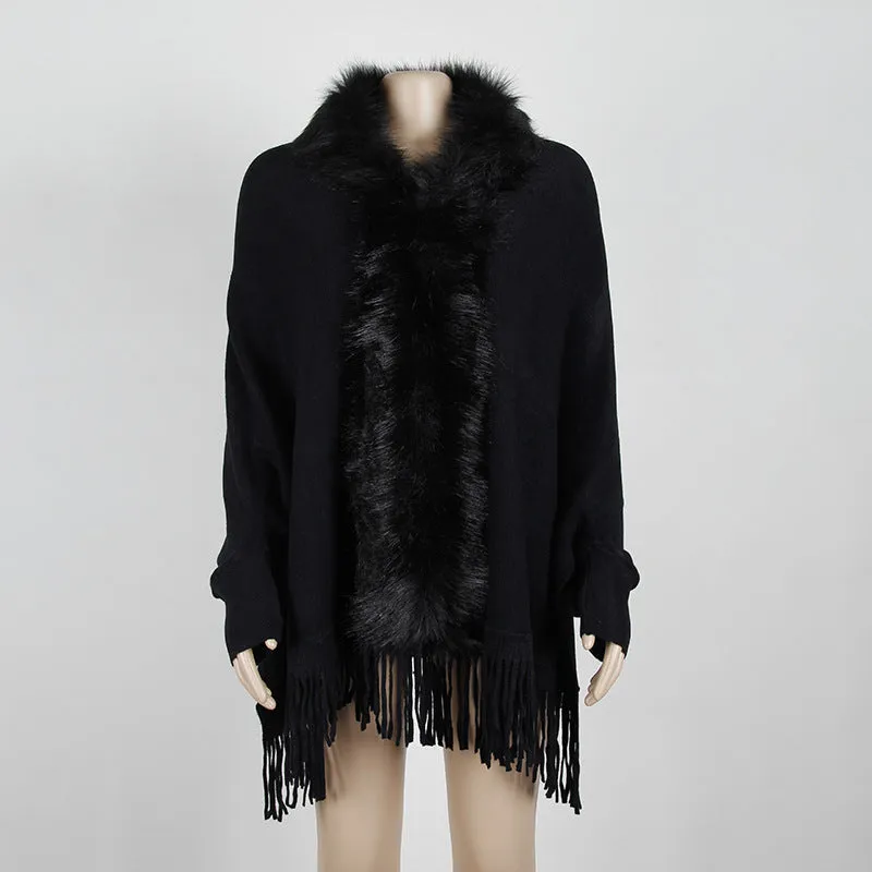 Tassel Cape and Shawl Fur Collar Cardigan