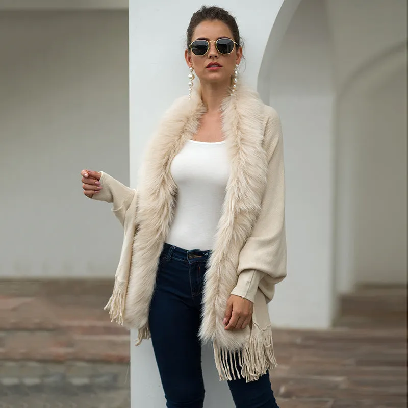 Tassel Cape and Shawl Fur Collar Cardigan