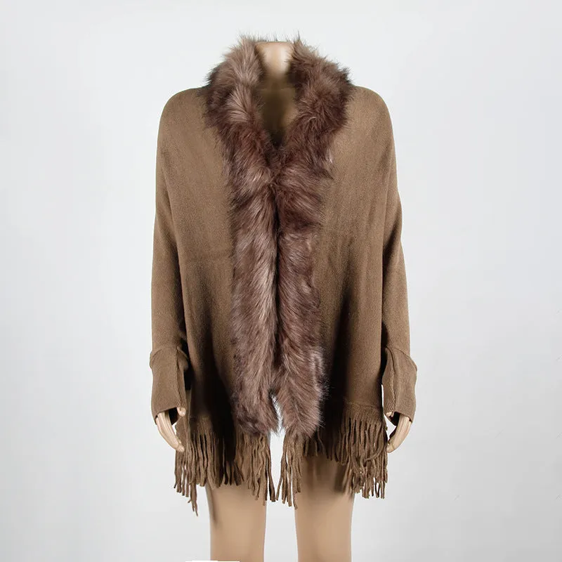 Tassel Cape and Shawl Fur Collar Cardigan