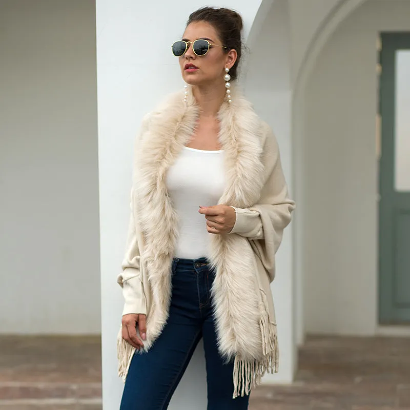 Tassel Cape and Shawl Fur Collar Cardigan