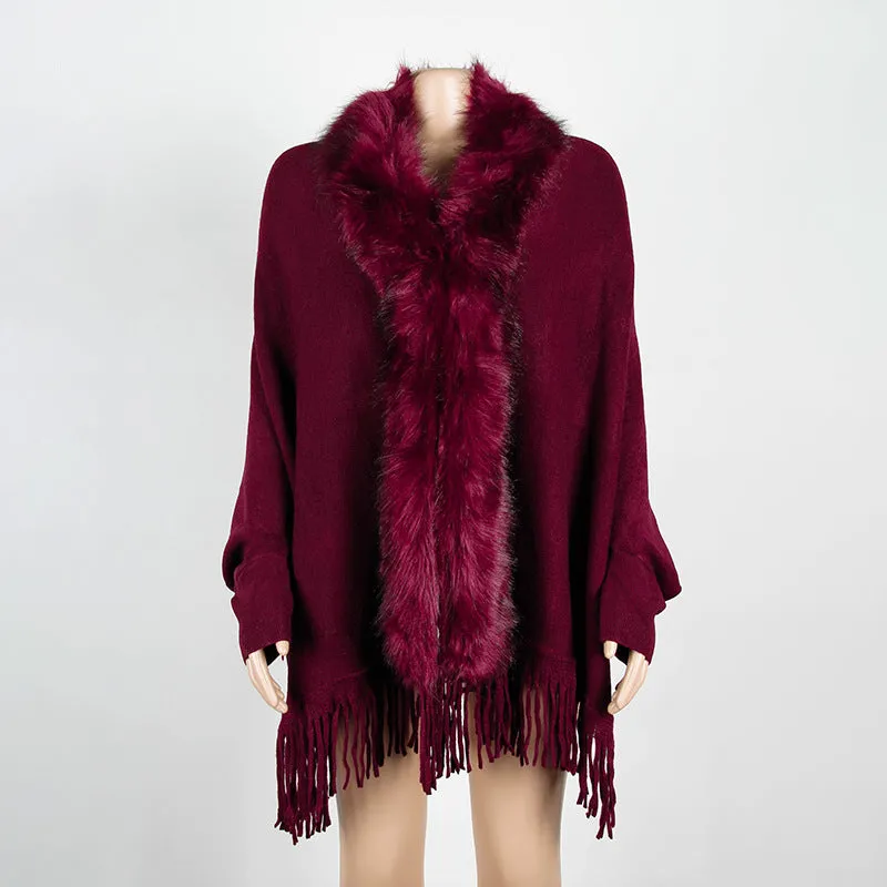 Tassel Cape and Shawl Fur Collar Cardigan