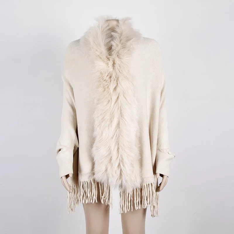 Tassel Cape and Shawl Fur Collar Cardigan