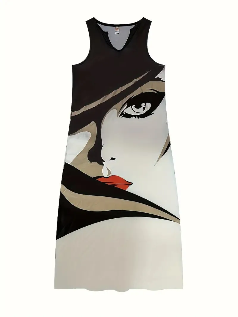 TastyHottie - Fashion Eye Figure Print Notched Neck Dress