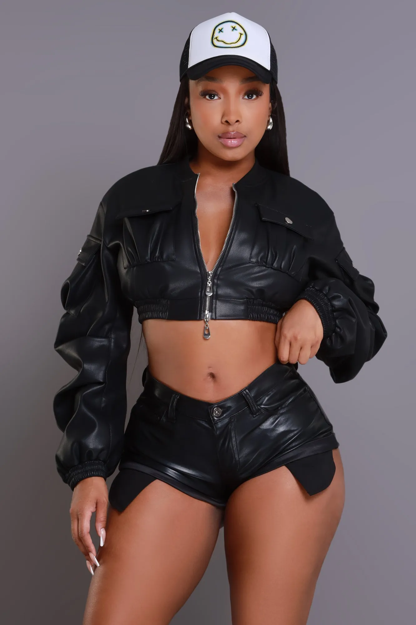 Think On It Cropped Bomber Jacket - Black