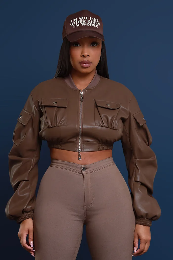 Think On It Cropped Bomber Jacket - Brown