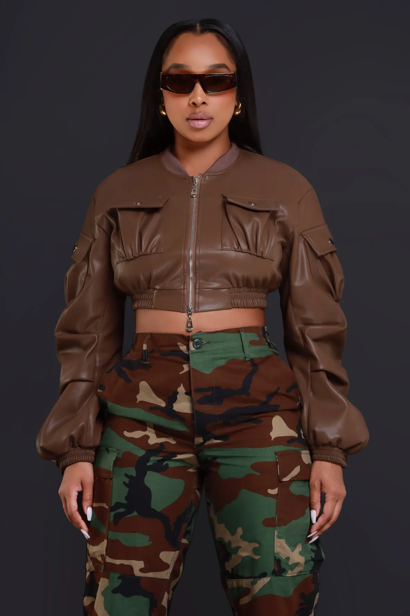 Think On It Cropped Bomber Jacket - Brown