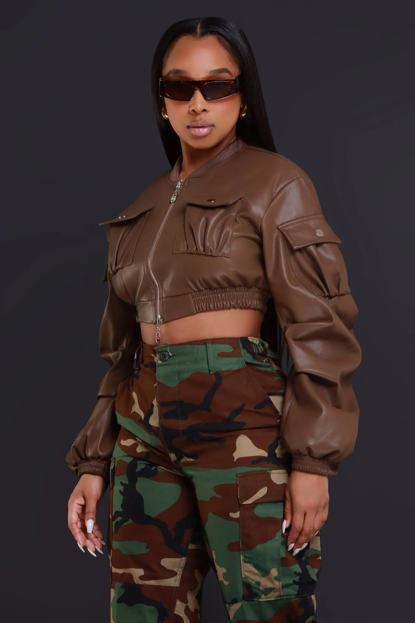 Think On It Cropped Bomber Jacket - Brown