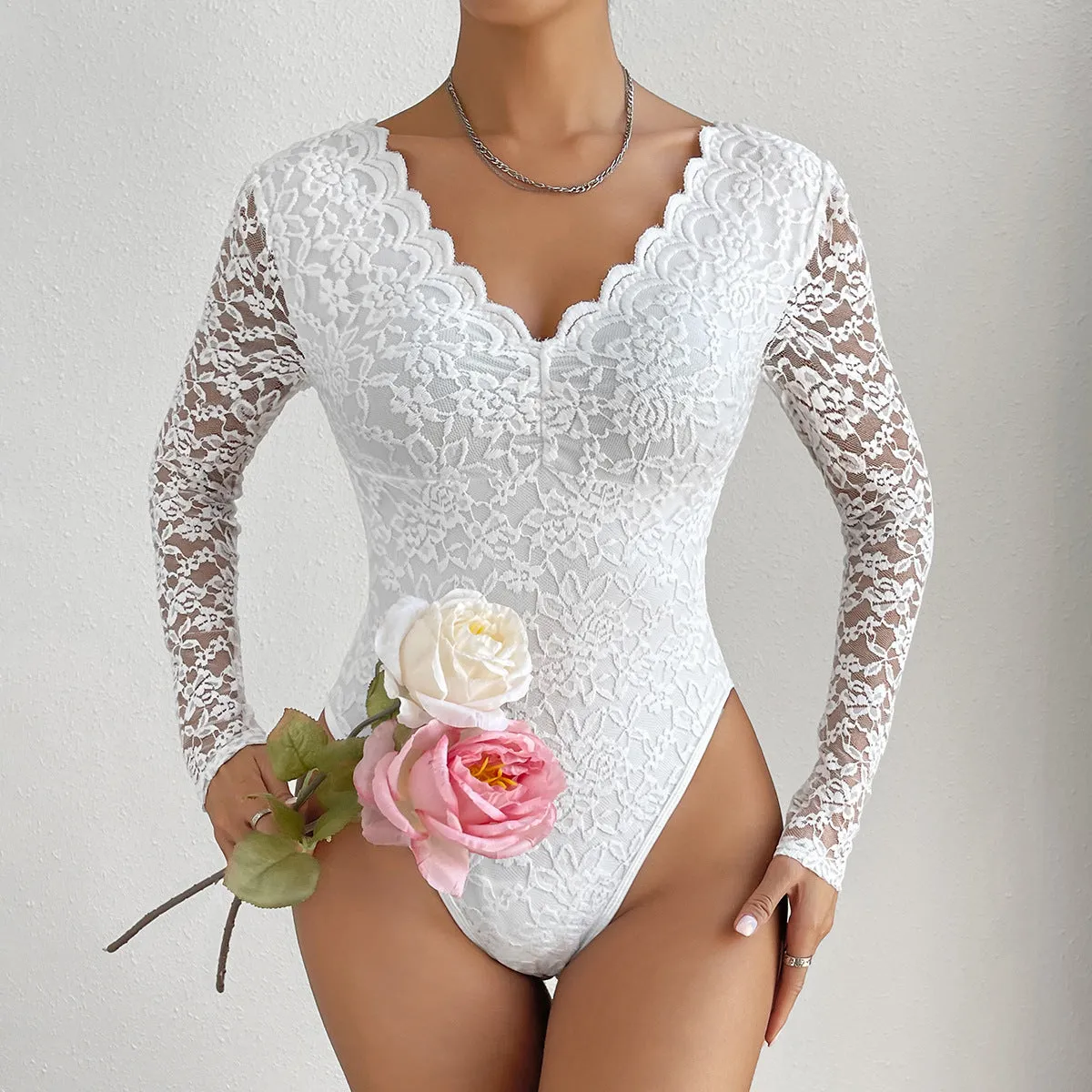 Trend4us Lace Sleeve Scalloped Neckline Bodysuit