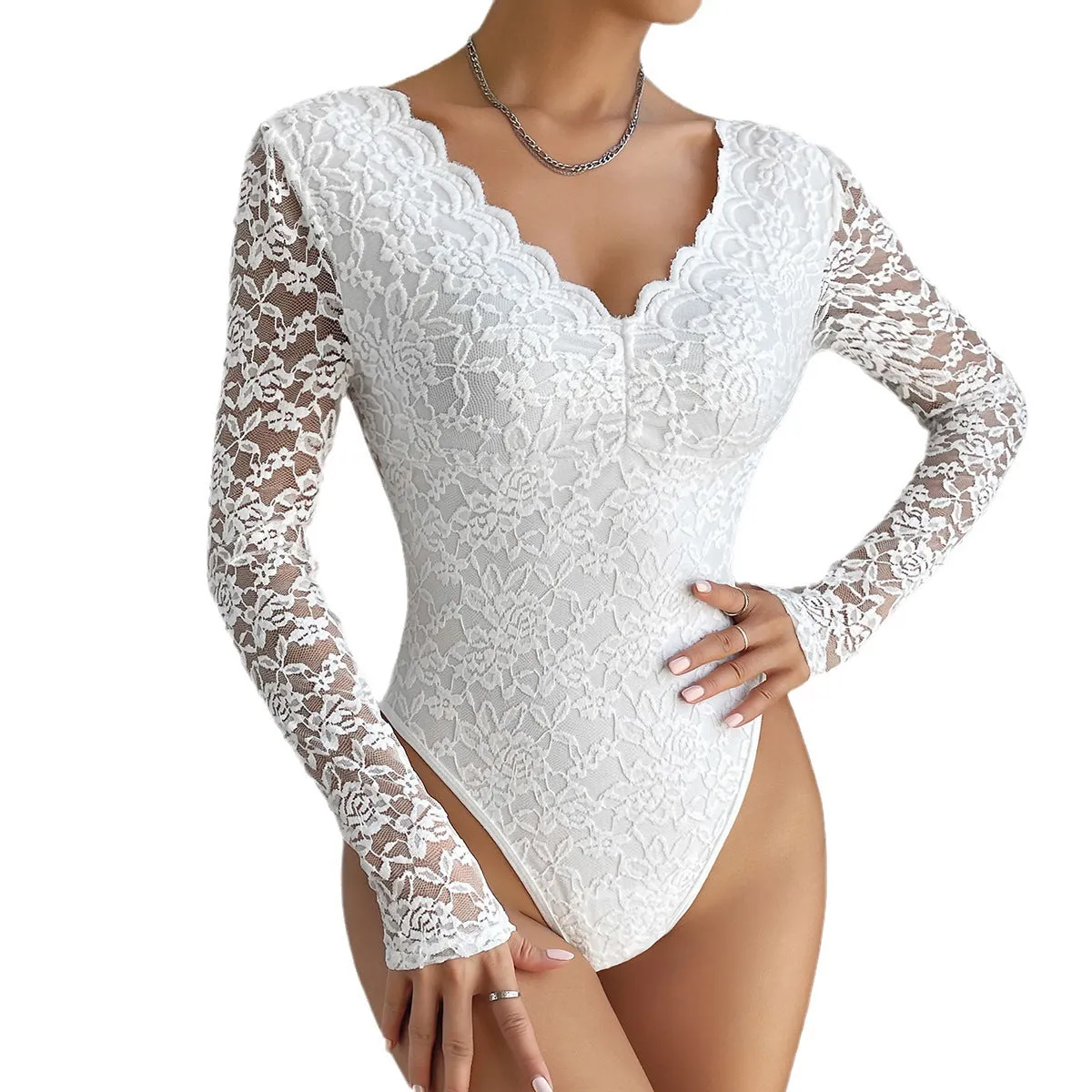 Trend4us Lace Sleeve Scalloped Neckline Bodysuit