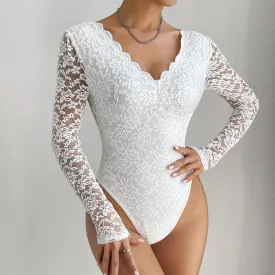 Trend4us Lace Sleeve Scalloped Neckline Bodysuit