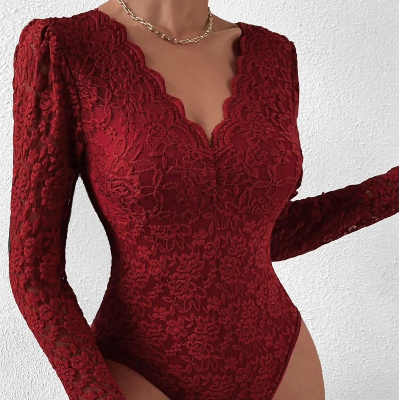 Trend4us Lace Sleeve Scalloped Neckline Bodysuit