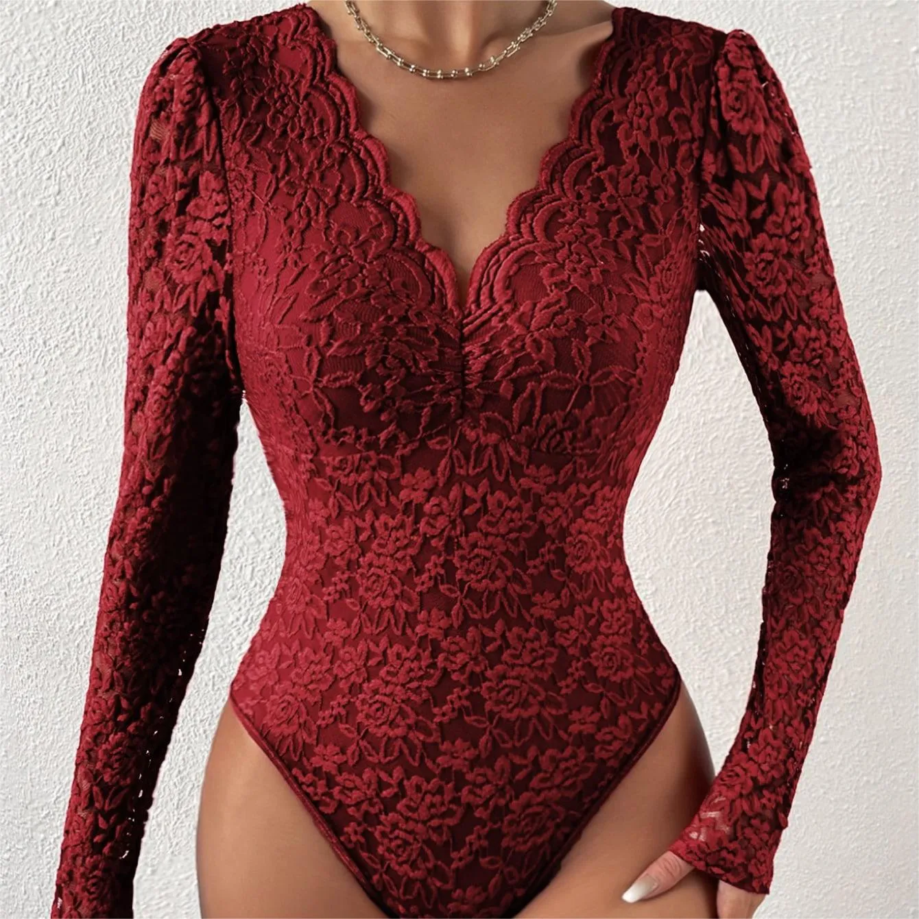 Trend4us Lace Sleeve Scalloped Neckline Bodysuit