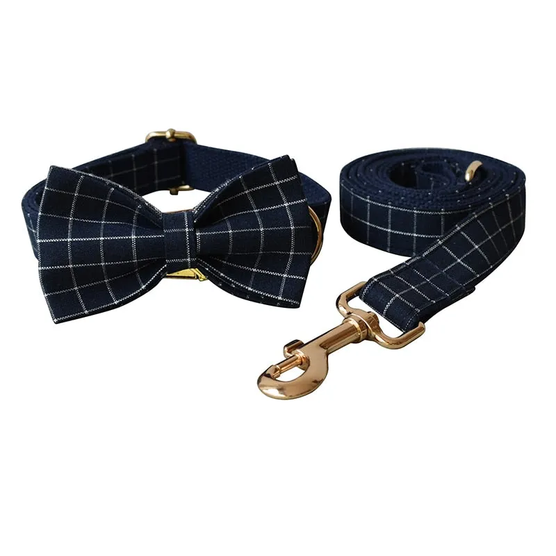 Trendy Navy Blue Checks: Personalized Collar And Leash set