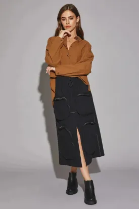 Utility Pockets Front Slit Drawstring Waist Midi Skirt