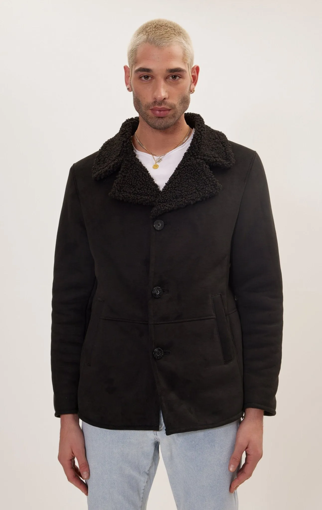 Vegan Shearling Button Closure Jacket - Black