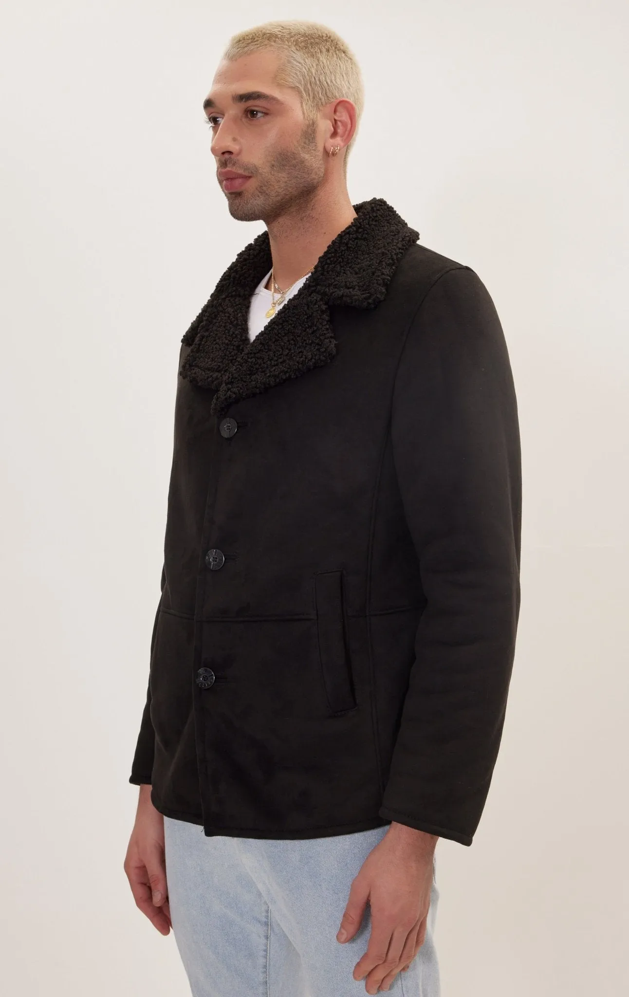 Vegan Shearling Button Closure Jacket - Black