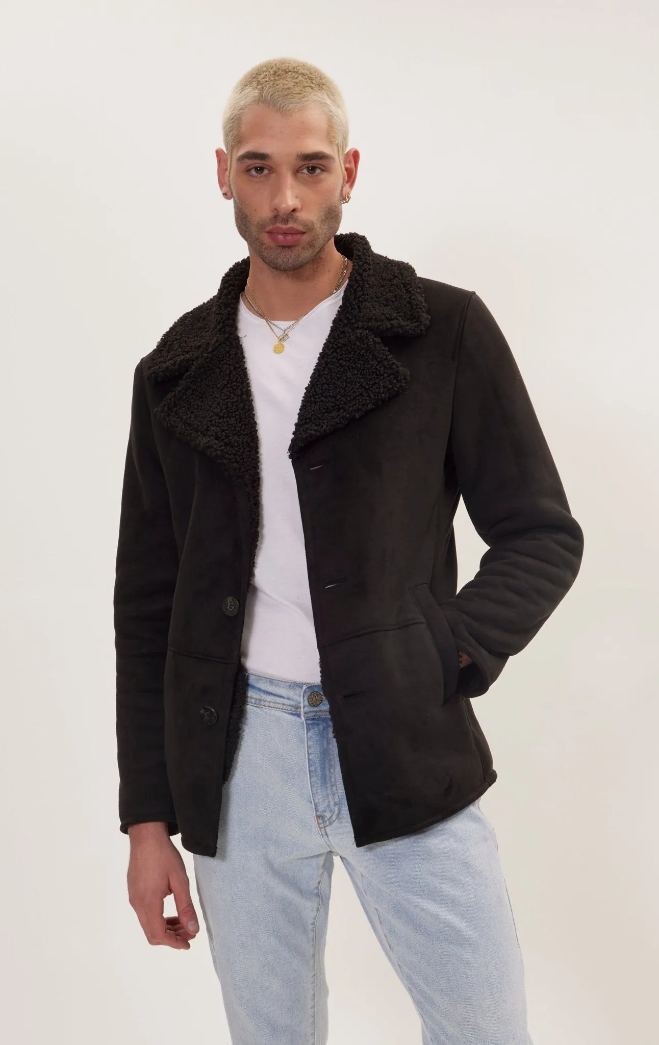 Vegan Shearling Button Closure Jacket - Black