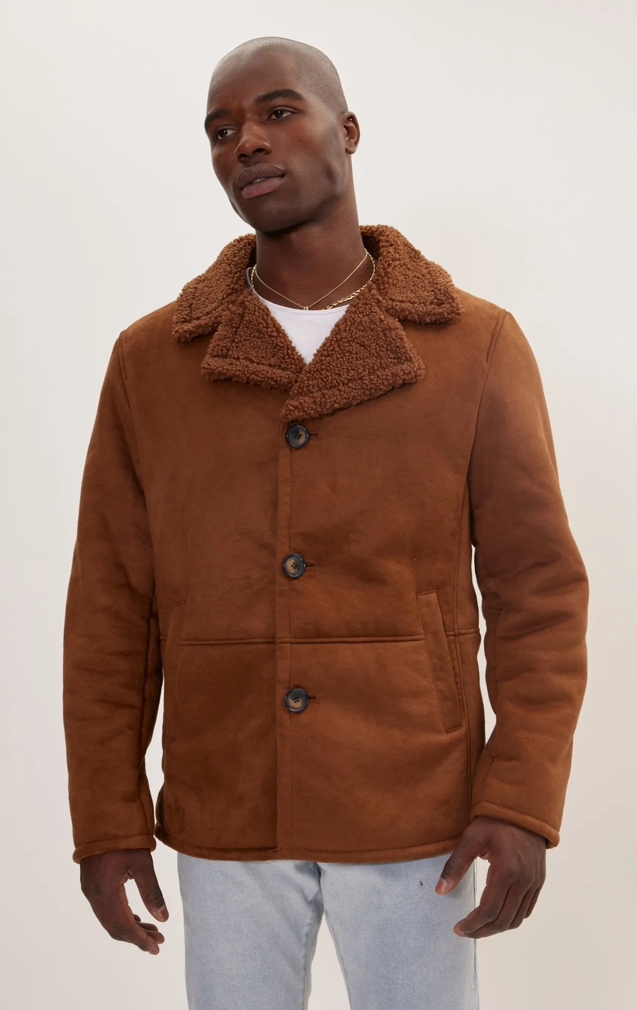 Vegan Shearling Button Closure Jacket - Brown