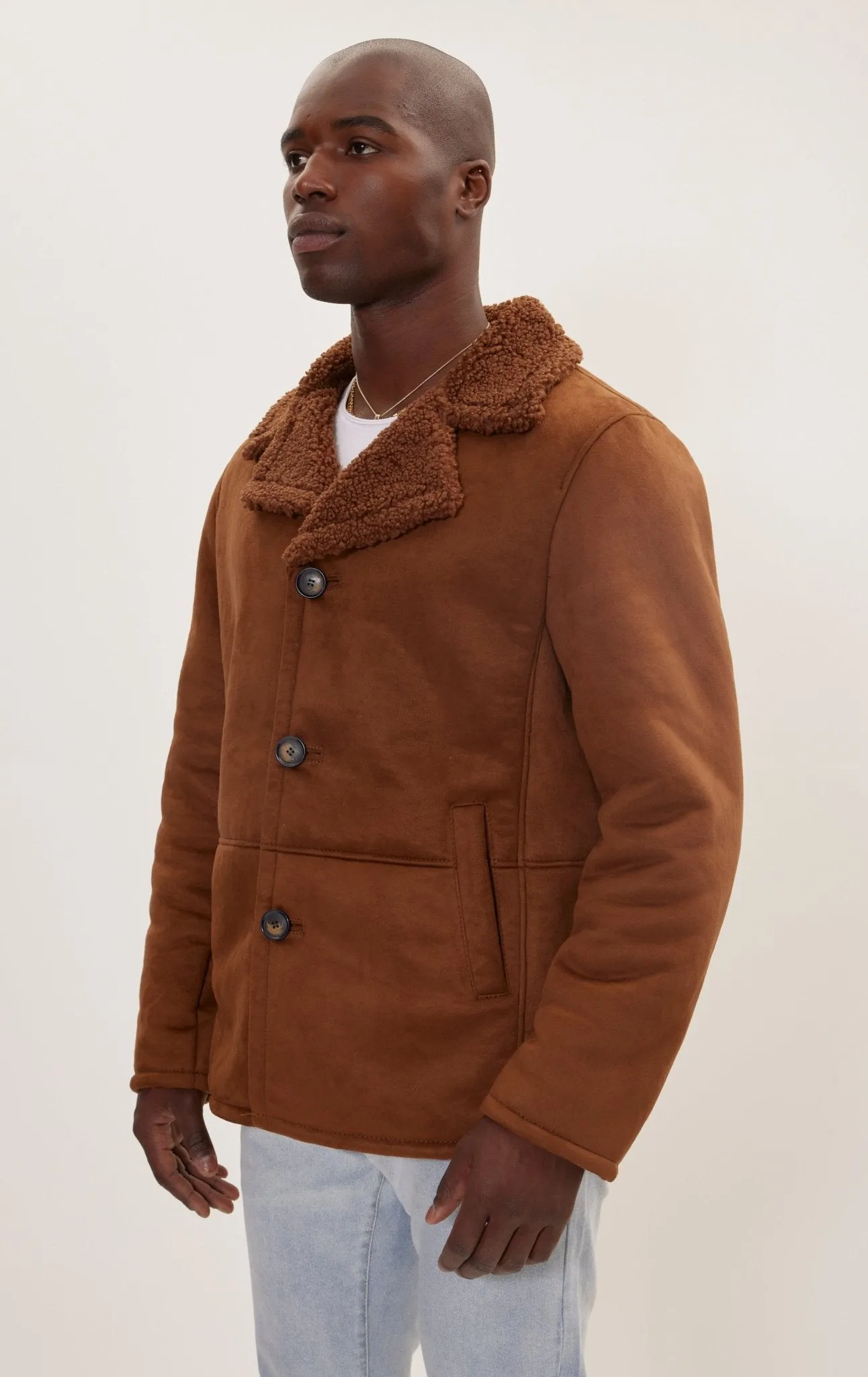 Vegan Shearling Button Closure Jacket - Brown