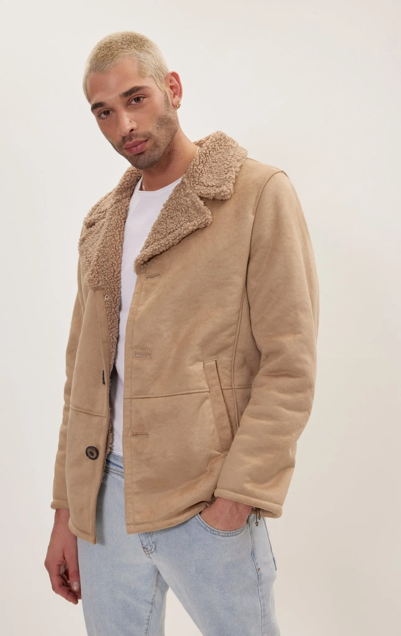 Vegan Shearling Button Closure Jacket - Stone