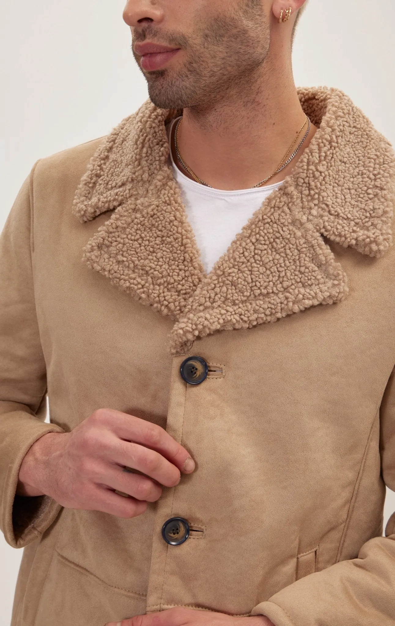 Vegan Shearling Button Closure Jacket - Stone