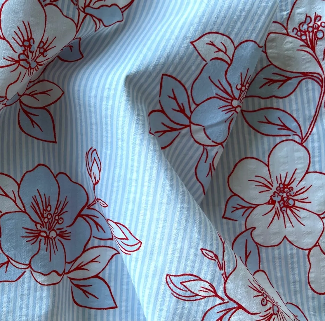 Vintage-Inspired Striped Floral Cotton Seersucker