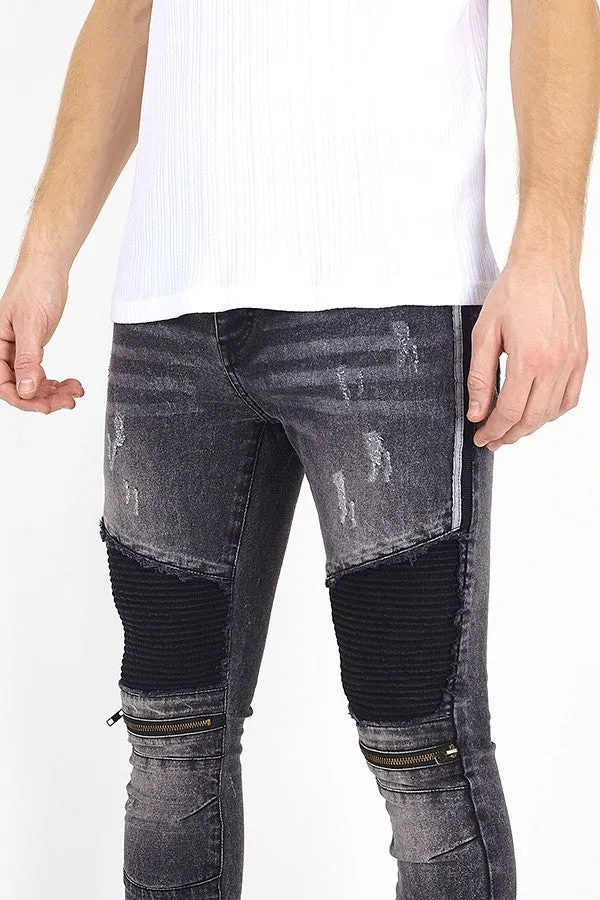 WASHED BLACK DENIM PANEL DETAIL BIKER JEANS