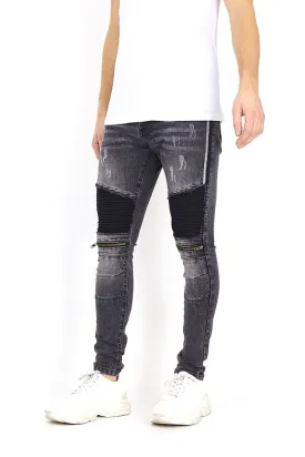 WASHED BLACK DENIM PANEL DETAIL BIKER JEANS