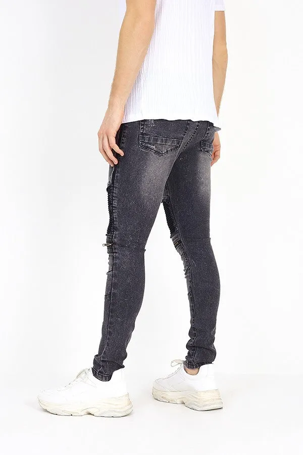 WASHED BLACK DENIM PANEL DETAIL BIKER JEANS