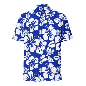 White and Royal Blue Hawaiian Print Aloha Shirt