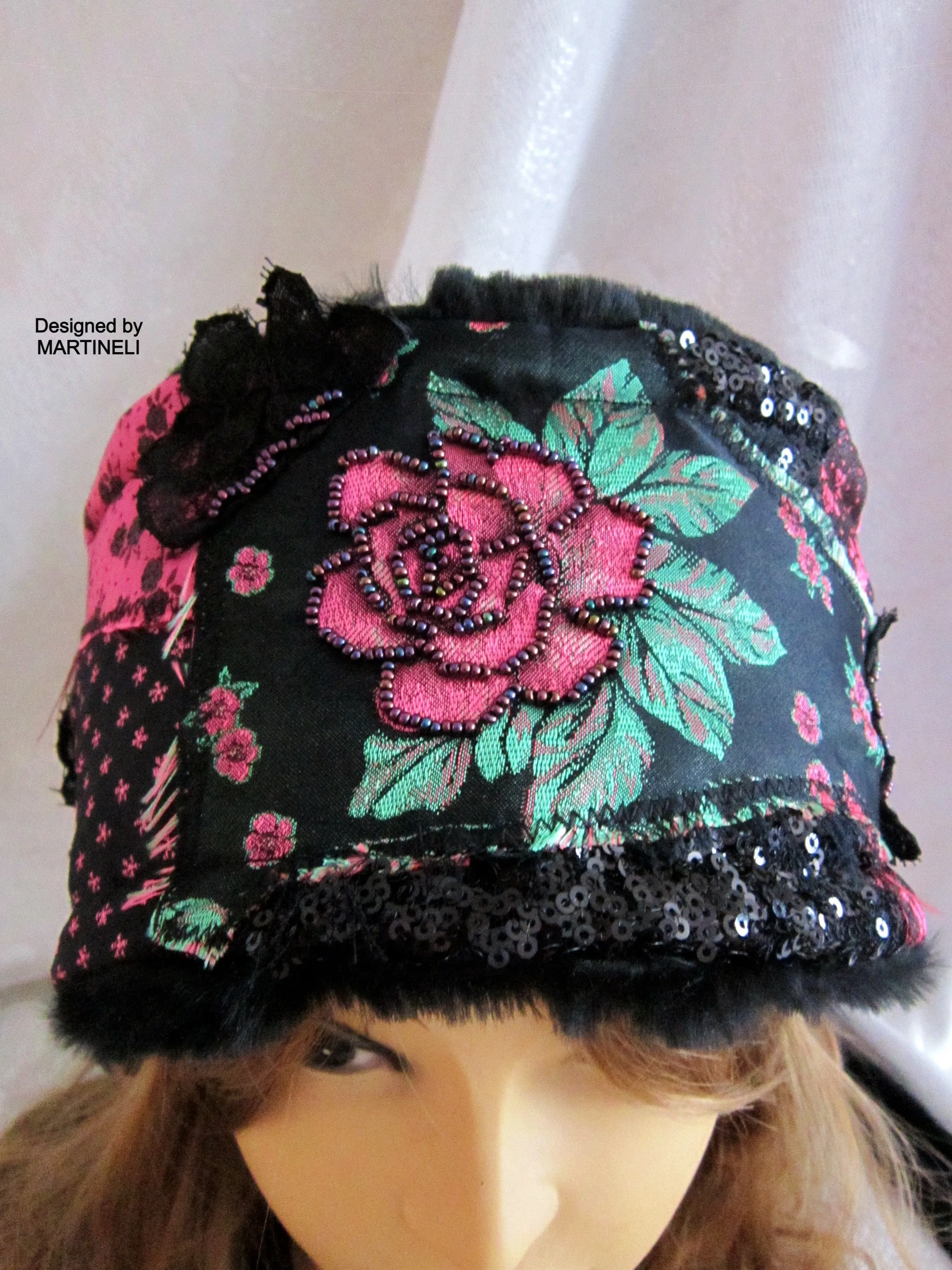 Winter Headband for Women,Black Floral Faux Fur Headband