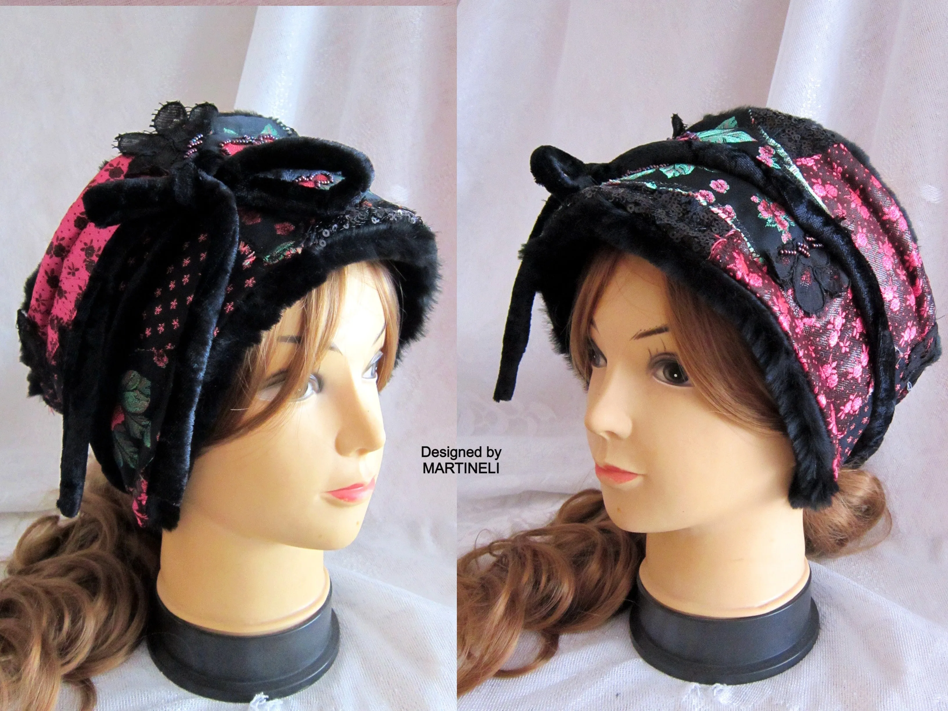 Winter Headband for Women,Black Floral Faux Fur Headband