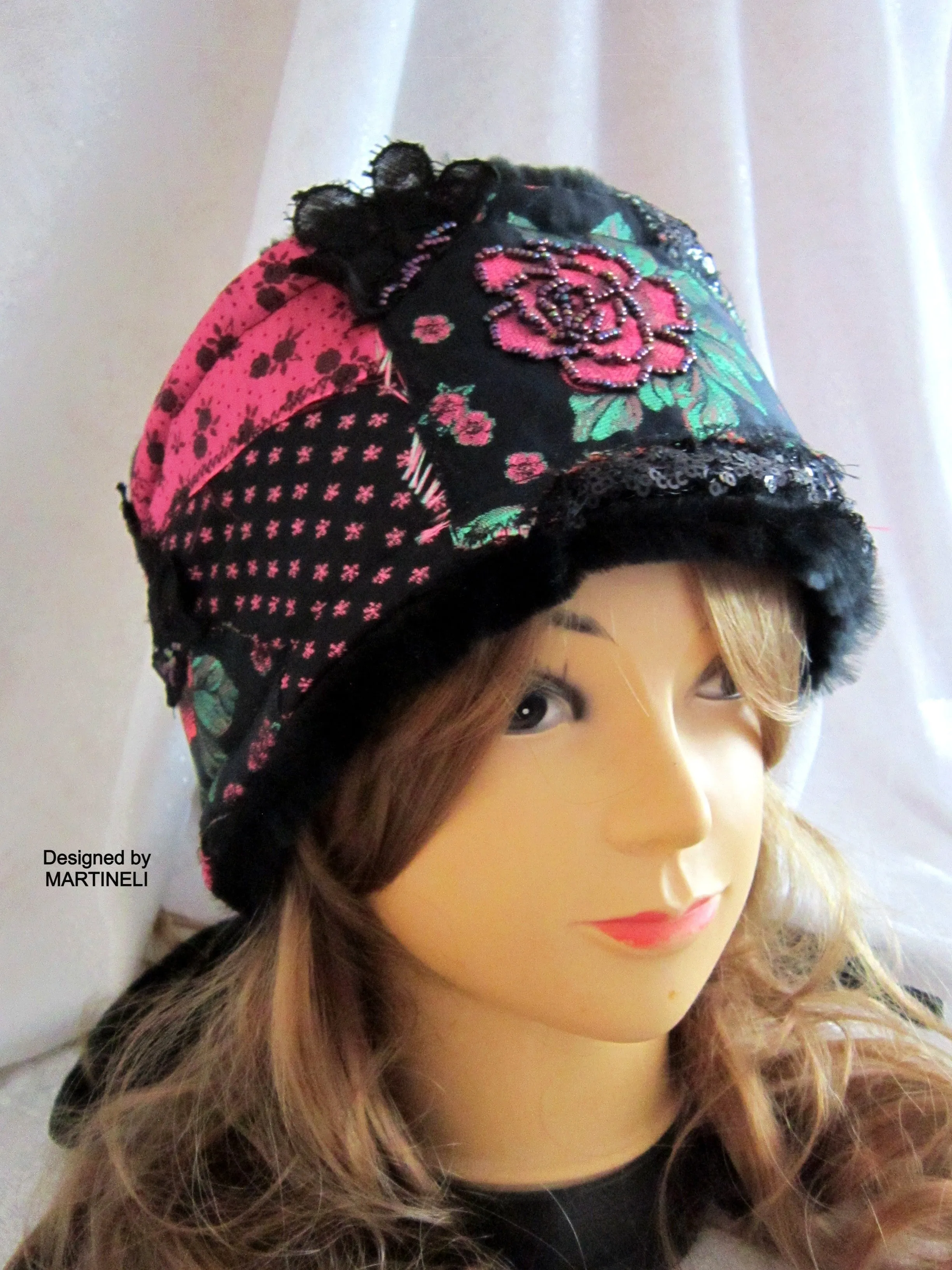 Winter Headband for Women,Black Floral Faux Fur Headband