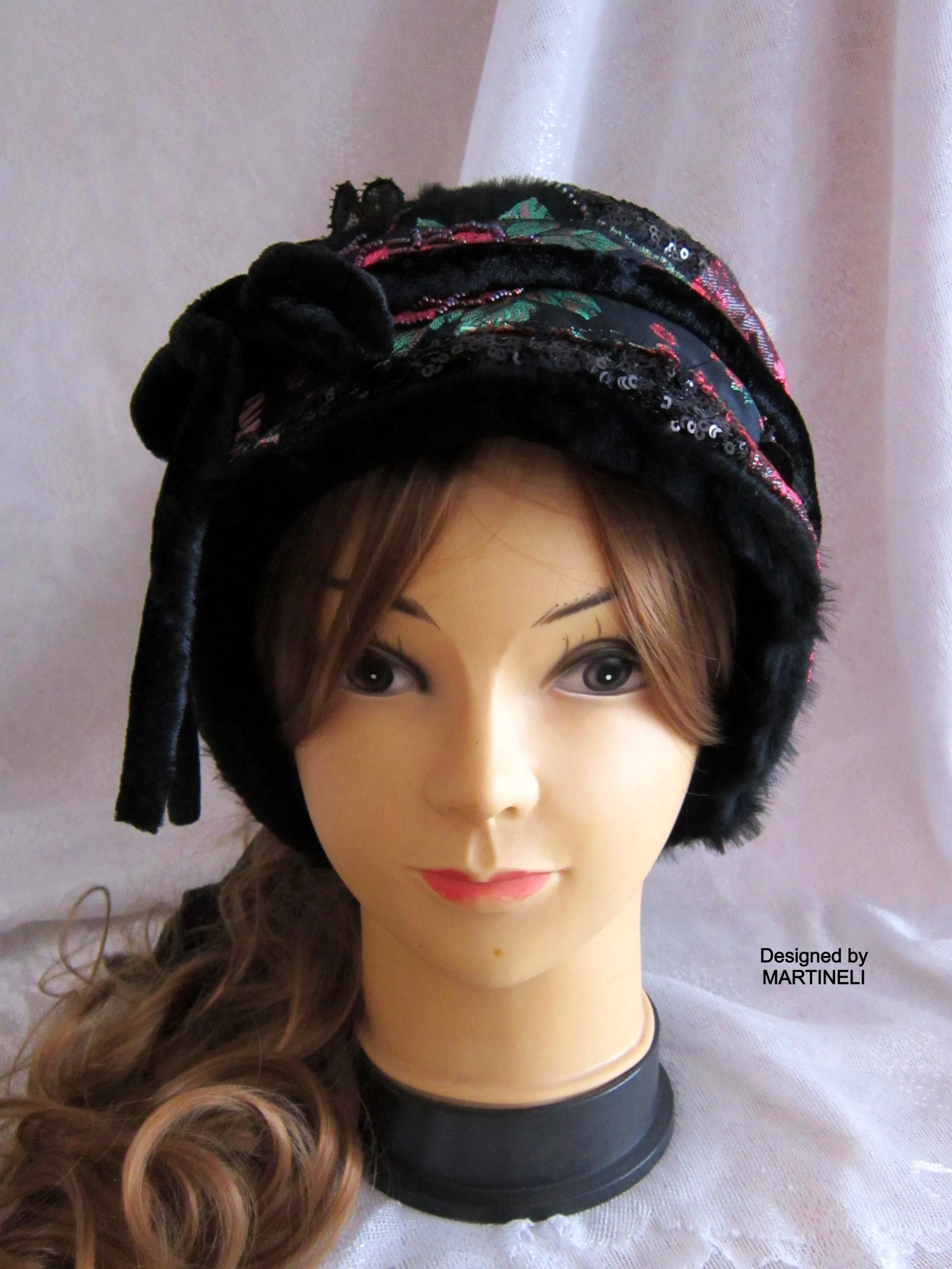 Winter Headband for Women,Black Floral Faux Fur Headband