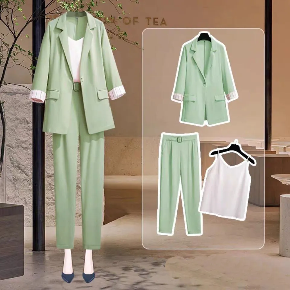 Wjczt 2022 spring new Korean elegant women&#39;s suit female blazer leisure pants Tweed suit jacket three piece jacket pants set