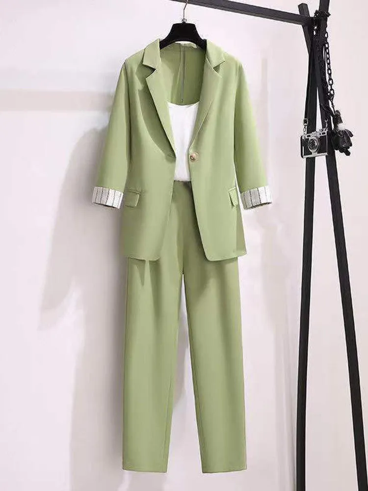 Wjczt 2022 spring new Korean elegant women&#39;s suit female blazer leisure pants Tweed suit jacket three piece jacket pants set