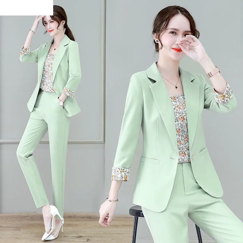 Wjczt 2022 Summer New Korean Fashion Elegant Women's Pants Suit Printed Vest Flannel Jacket Casual Trousers Three Piece Set Blazer