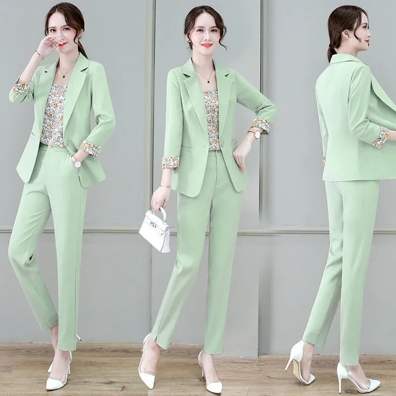 Wjczt 2022 Summer New Korean Fashion Elegant Women's Pants Suit Printed Vest Flannel Jacket Casual Trousers Three Piece Set Blazer