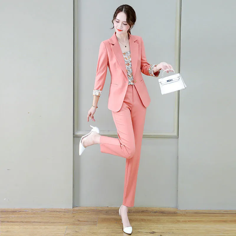 Wjczt 2022 Summer New Korean Fashion Elegant Women's Pants Suit Printed Vest Flannel Jacket Casual Trousers Three Piece Set Blazer