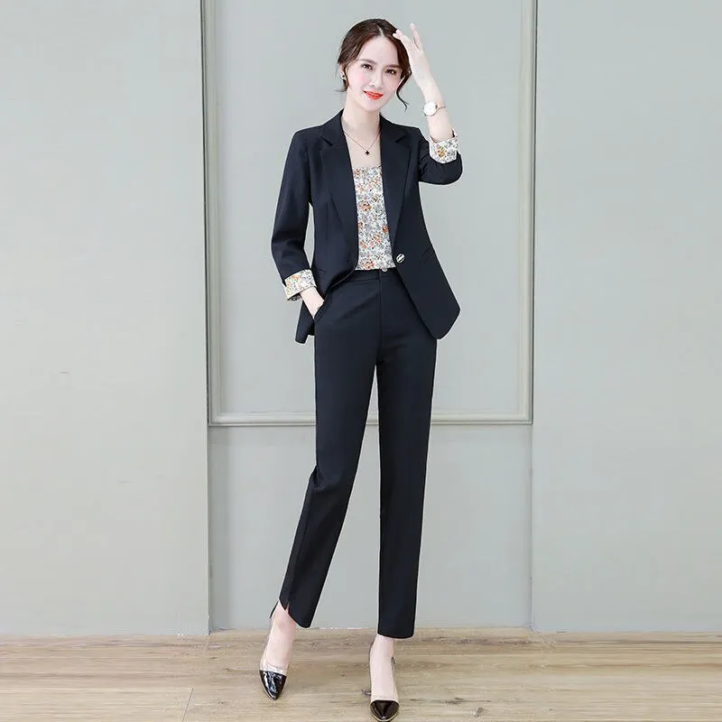 Wjczt 2022 Summer New Korean Fashion Elegant Women's Pants Suit Printed Vest Flannel Jacket Casual Trousers Three Piece Set Blazer